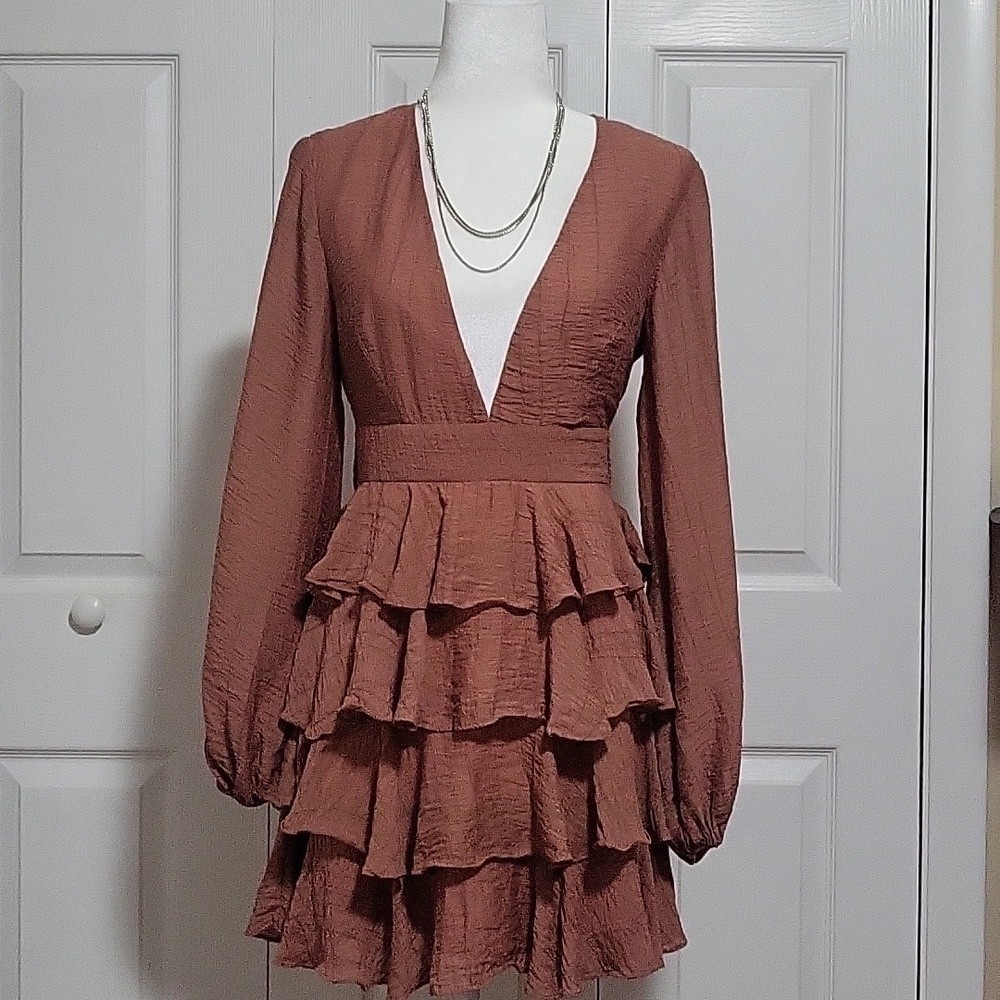 Angel Biba Deep V- Neck Back Zip Balloon Sleeve Ruffled Party Dress - Size S